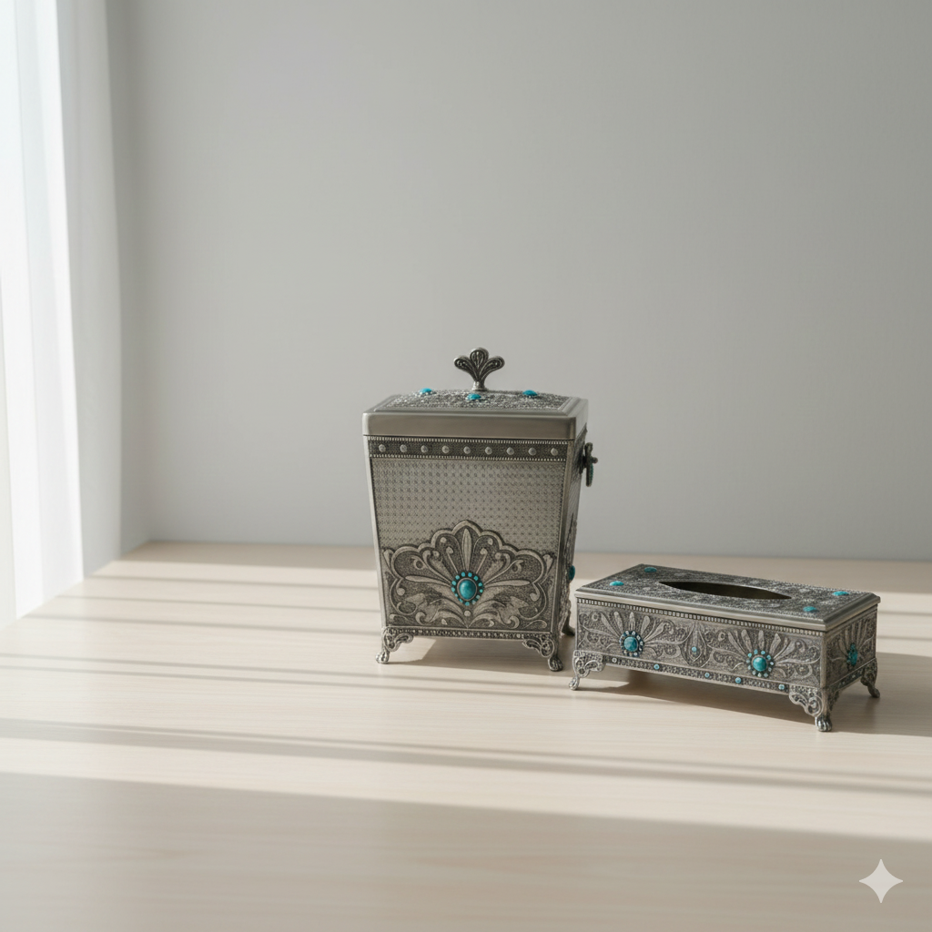 Gemini_Generated_Image_hrv02chrv02chrv0 ست جای دستمال کاغذی و سطل پیوتر یونیک کد 1302 - Image 1