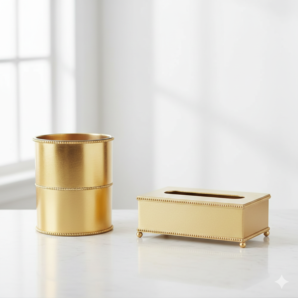 Gemini_Generated_Image_wf0z29wf0z29wf0z ست سطل و جا دستمالی طلایی یونیک کد 4244 - Image 1