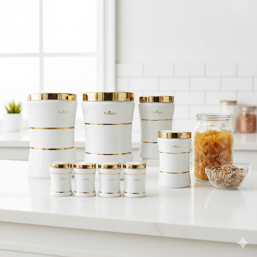 Gemini_Generated_Image_7dz51h7dz51h7dz5 سرویس آشپزخانه 8 پارچه کمر باریک سفید طلایی یونیک کد 4596 - Image 1