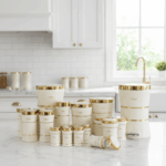 سرویس آشپزخانه 18 پارچه کمر باریک کرم طلایی یونیک 4599