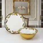 پیاله و پیش دستی سرامیکی طلایی طاووسی یونیک کد 1046