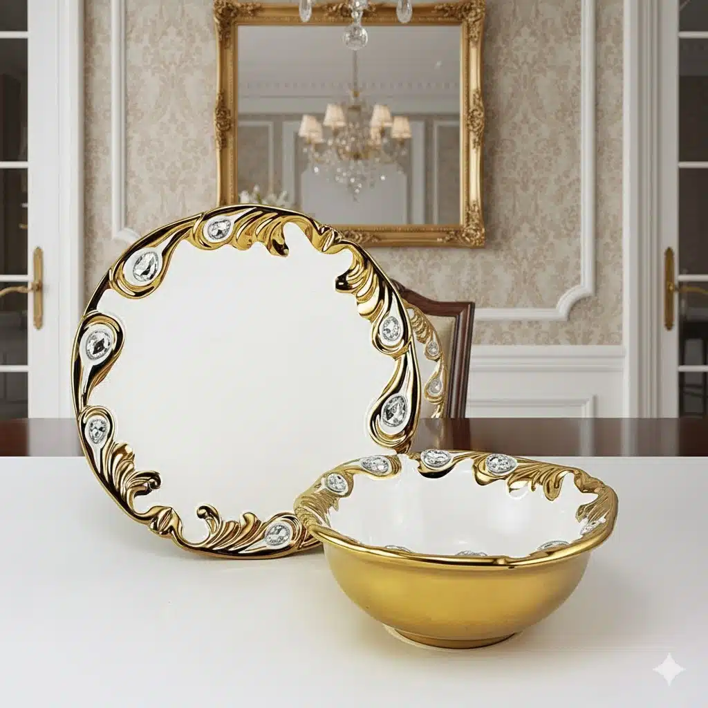 1046-55 پیاله و پیش دستی سرامیکی طلایی طاووسی یونیک کد 1046 - Image 1