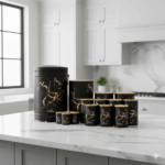 سرویس آشپزخانه 15 پارچه مشکی ماربل درب بامبو یونیک 8024