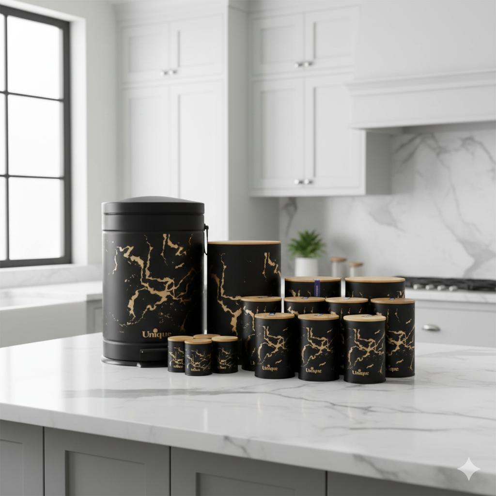 Gemini_Generated_Image_9qnthu9qnthu9qnt سرویس آشپزخانه 15 پارچه مشکی ماربل درب بامبو یونیک 8024 - Image 1