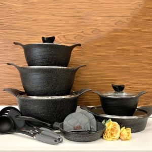 سرویس قابلمه 14پارچه رز گرانیتی مشکی یونیک 7945