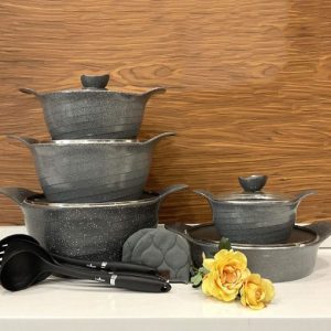 سرویس قابلمه 14پارچه رز گرانیتی طوسی نقره ای یونیک 7947