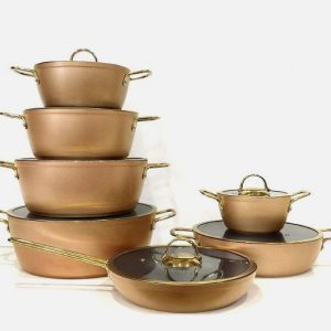 سرویس قابلمه 14 پارچه طلایی درب فلت طلایی یونیک 8314