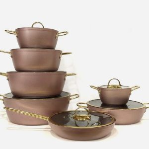 سرویس قابلمه 14 پارچه رزگلد درب فلت طلایی یونیک 8318