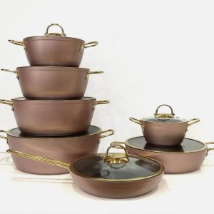 سرویس قابلمه 14 پارچه رزگلد درب منحنی طلایی یونیک 8320