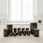 سرویس آشپزخانه ست 15 فانتزی مشکی گل درب بامبو یونیک کد 8053