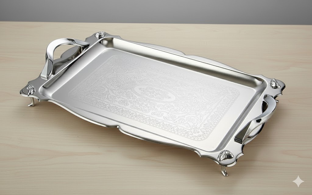 unnamed (1) سینی استیل گلدار پایه دار بزرگ نیوهوم کد: NH08-1214P - Image 1