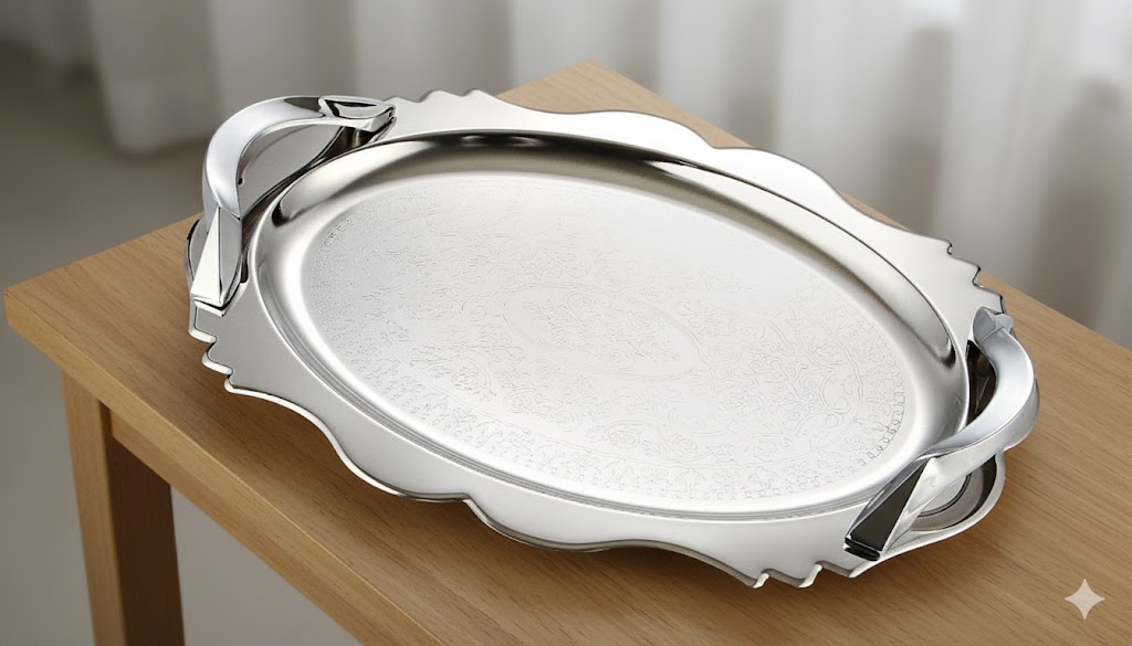 unnamed (29) سینی استیل گلدار بیضی بزرگ نیوهوم کد: NH08-1904 - Image 1