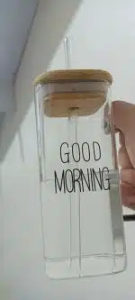 لیوان اسموتی مدل GOOD MORNING پیرکس 4گوش درب بامبو - Image 2