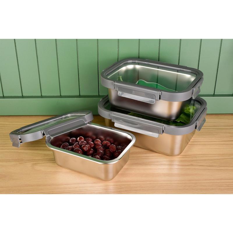 2e84aaf7043352e670242c748db86174 ظرف نگهدارنده غذا استیل 3 تکه یونیک درب شفاف 1409 - Image 3