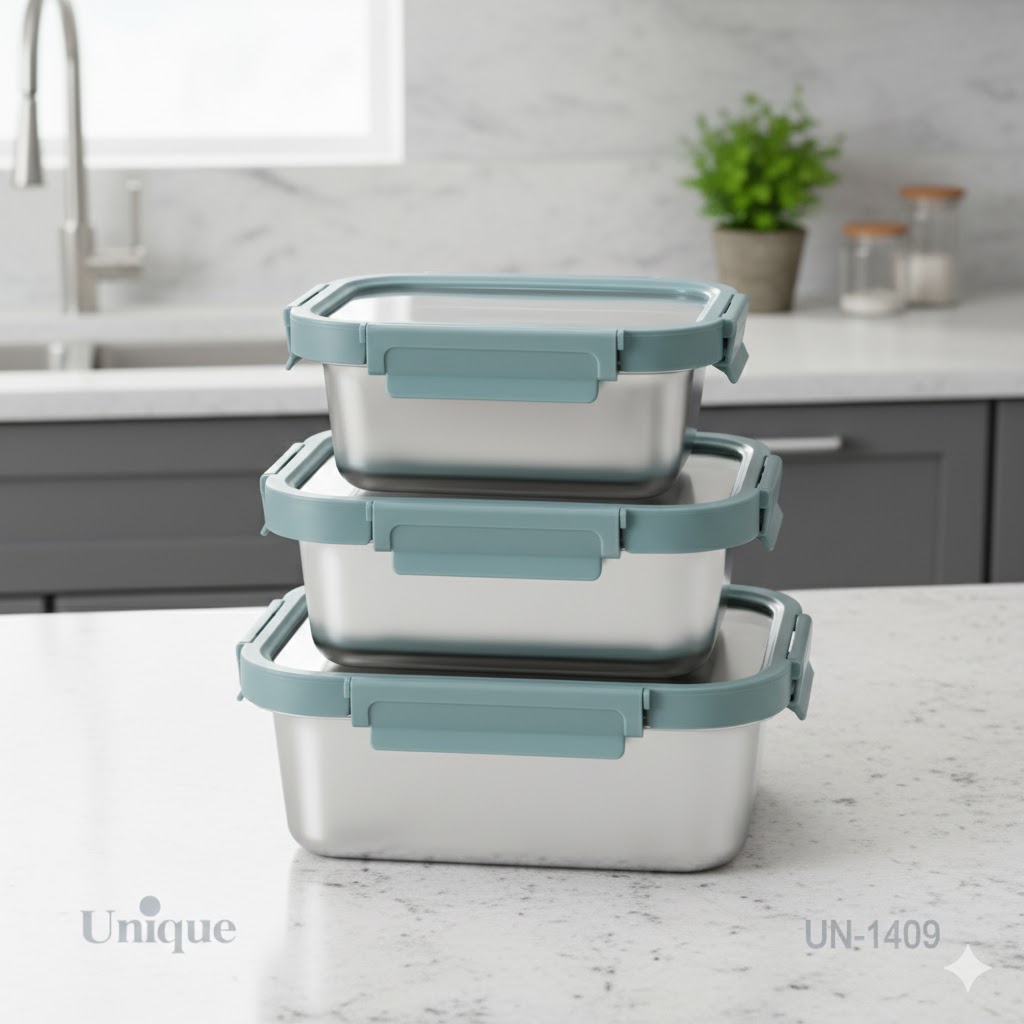 unnamed (2) ظرف نگهدارنده غذا استیل 3 تکه یونیک درب شفاف 1409 - Image 1