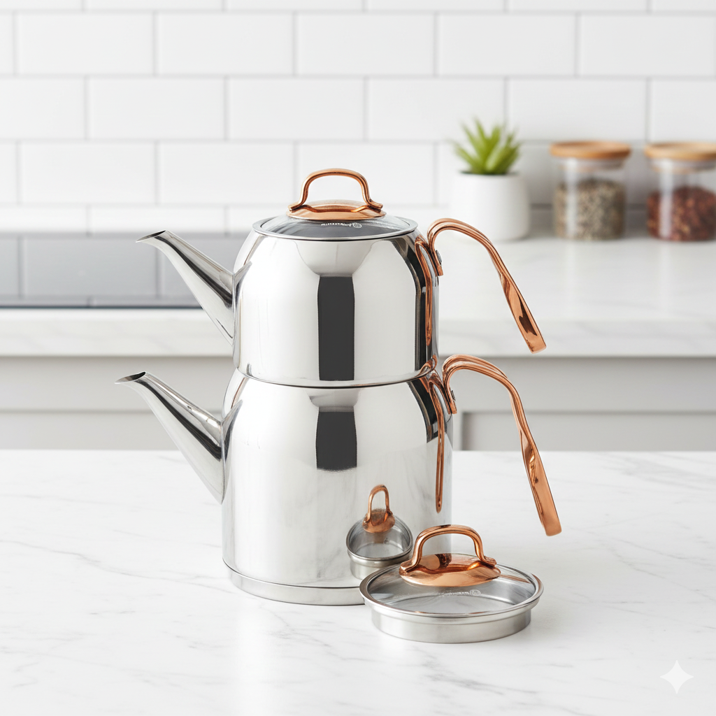 Gemini_Generated_Image_tzlwoutzlwoutzlw کتری و قوری استیل دسته مسی مدل Rosanna A192 کرکماز - Image 1